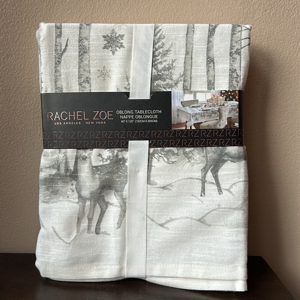Rachel Zoe Christmas Tablecloth 60”x104” Evergreen Tres Reindeer New